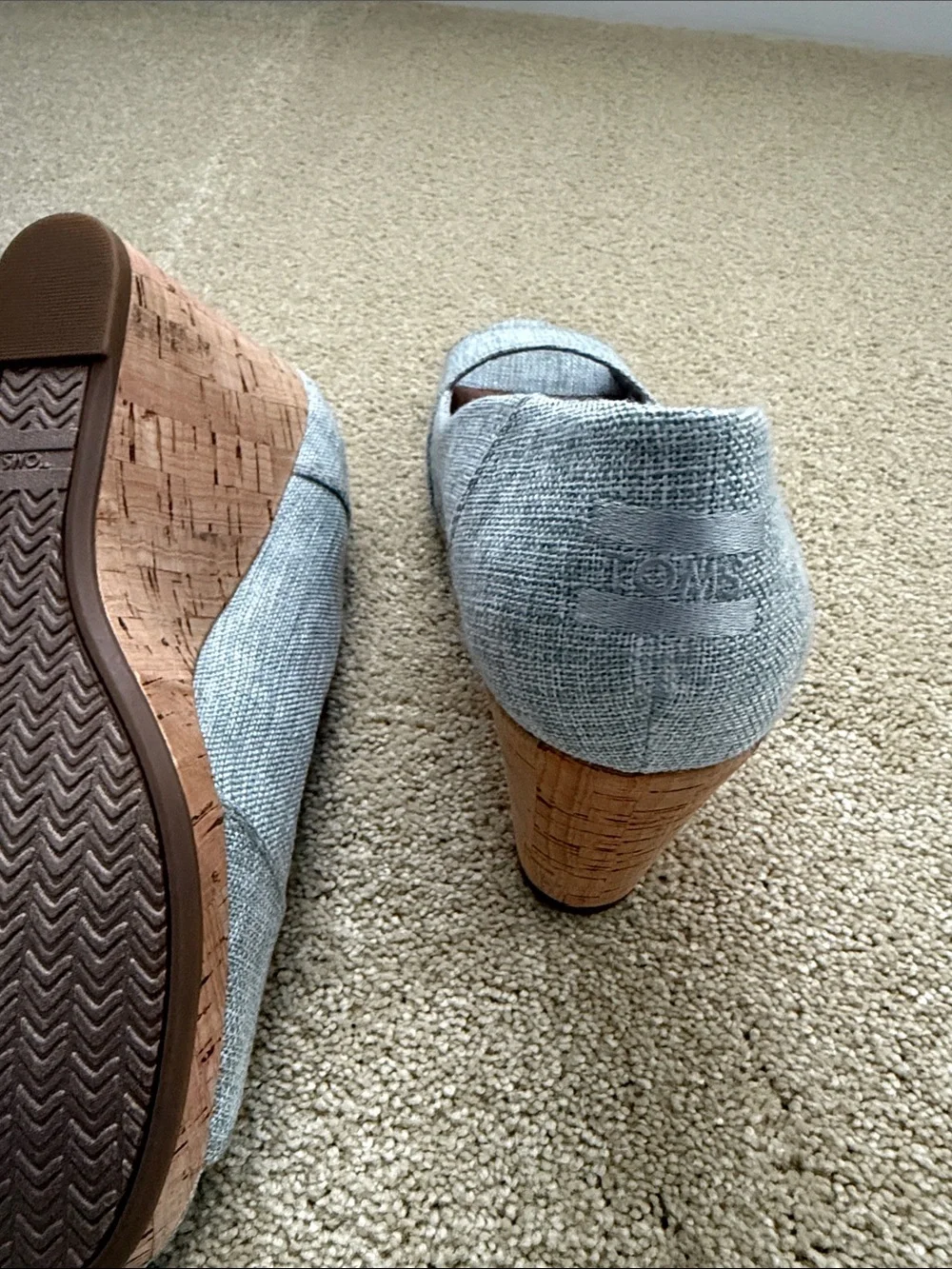 TOMS Light Denim Blue/grey Linen Peep-Toe Cork Wedge Heels